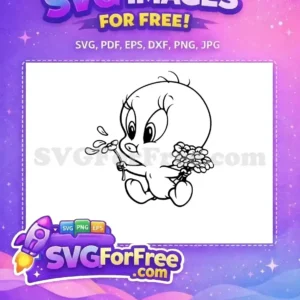 Charming Free Baby Bird SVG – Perfect for Crafting! Free design of a cute cartoon baby bird, reminiscent of Tweety, holding a flower with petals falling. An adorable free SVG vector art.