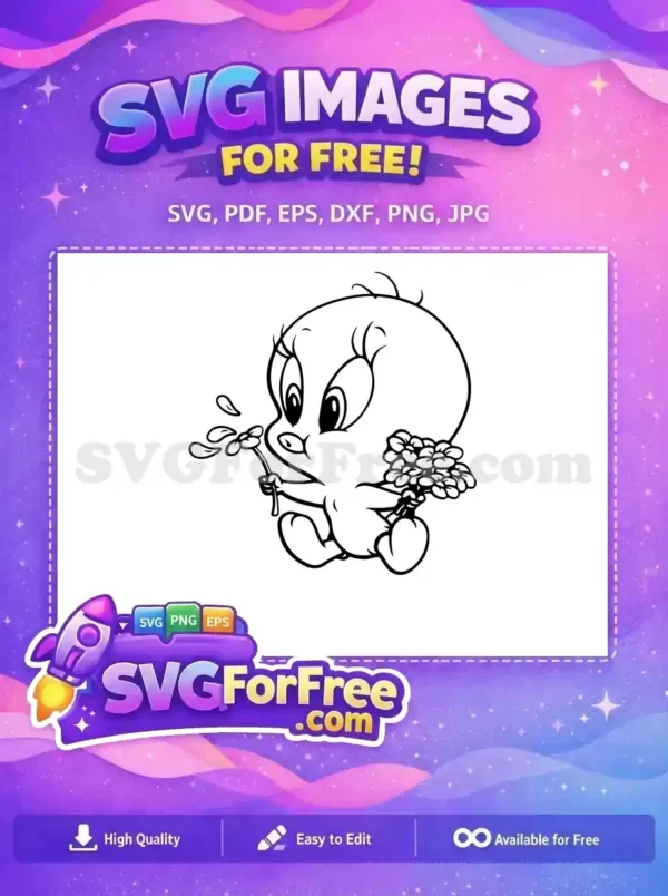 Charming Free Baby Bird SVG – Perfect for Crafting! Free design of a cute cartoon baby bird, reminiscent of Tweety, holding a flower with petals falling. An adorable free SVG vector art.
