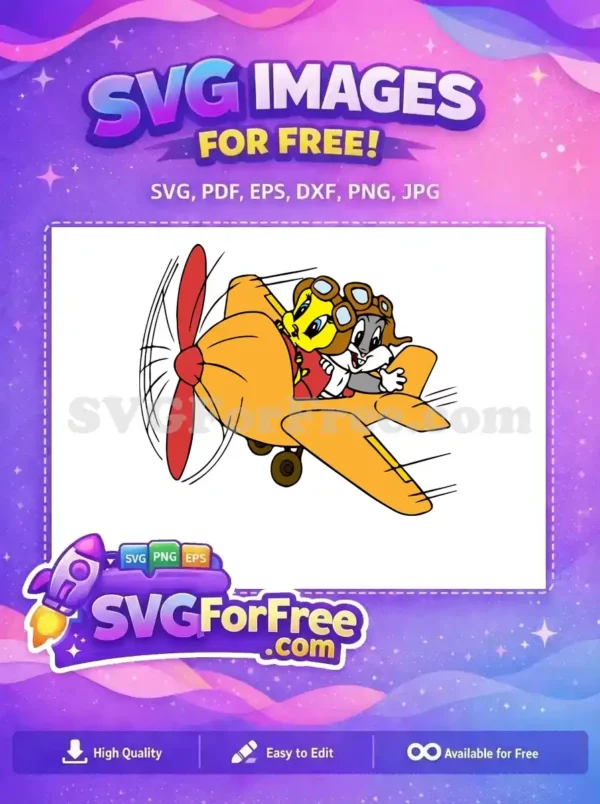 Discover this free cartoon SVG image of a joyful bee and rabbit piloting an orange airplane. Both wear aviator gear, soaring through the sky. A fantastic free design for any creative project!