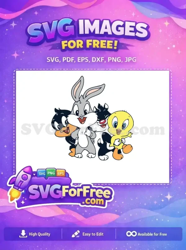 Enjoy this free design of Bugs Bunny, Daffy Duck, Sylvester, and Tweety Bird, iconic Looney Tunes characters in vibrant detail.