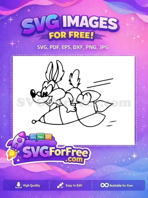 A free design showing a joyful cartoon character, possibly a speedy mouse or coyote, riding an airborne rocket at high speed, depicted in black line art.