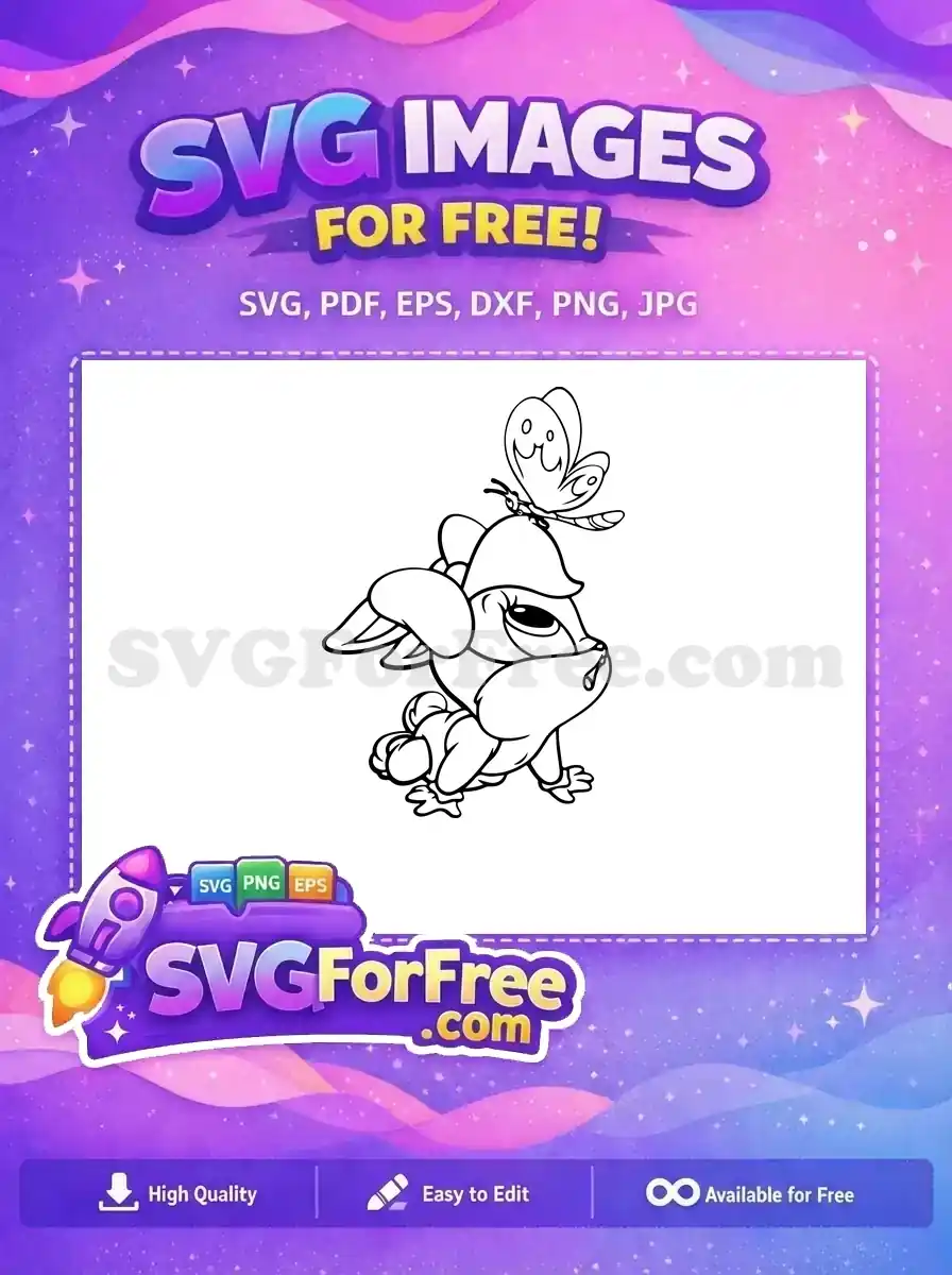 A charming free SVG design of a cute baby animal with a butterfly on its head, rendered in clean line art, perfect for coloring and crafts.