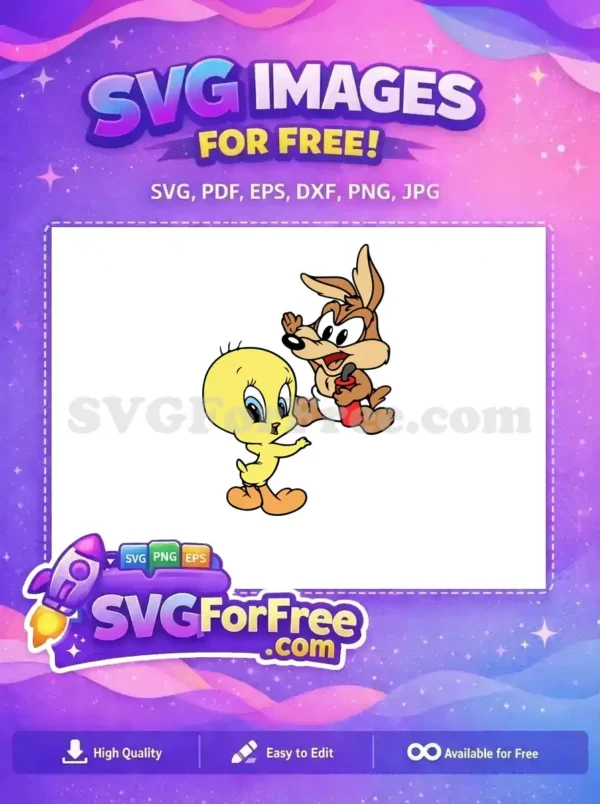 Delightful free Looney Tunes SVG of Tweety Bird and a mischievous baby Wile E. Coyote, ready for your creative projects.