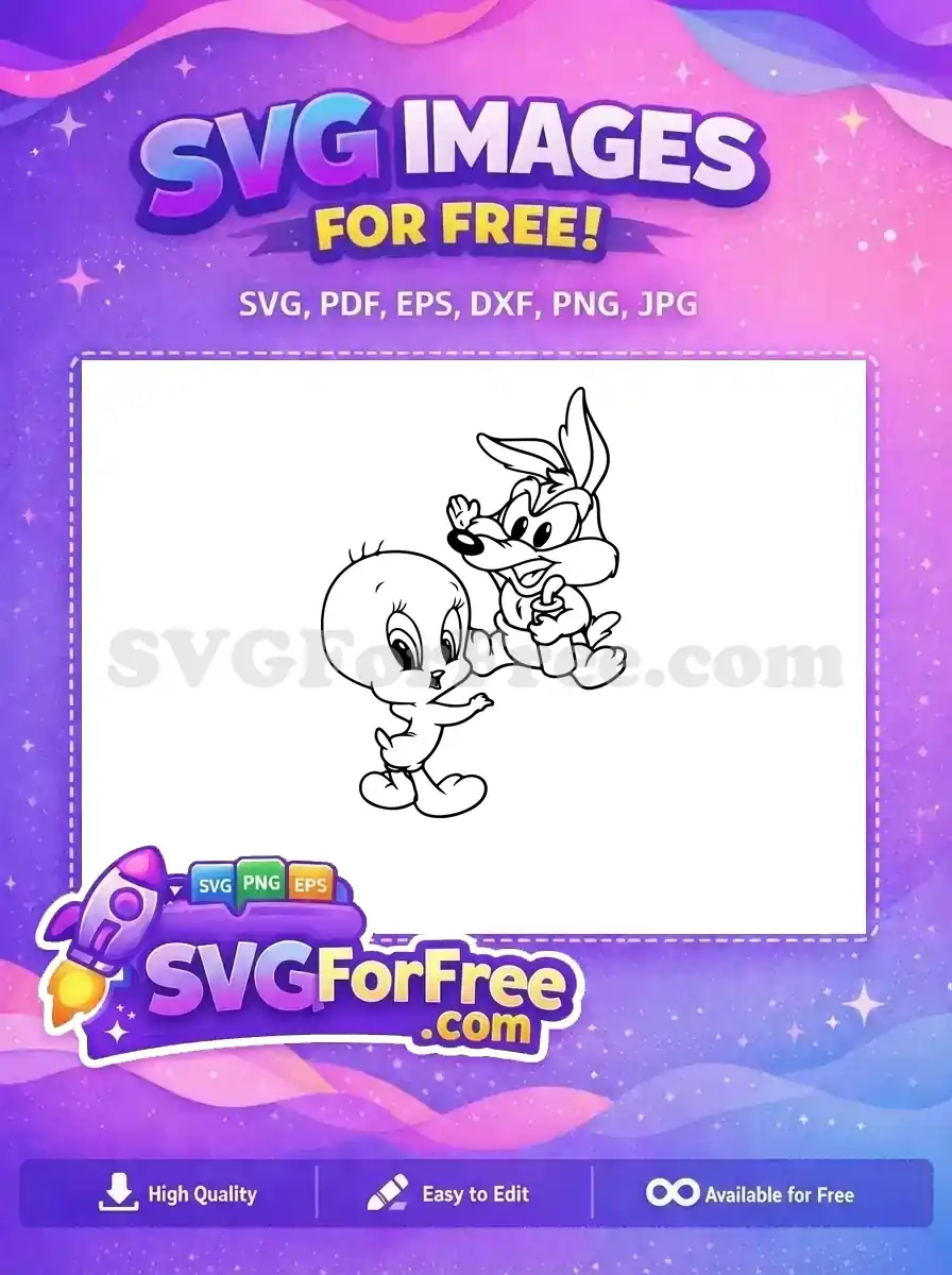 Free playful SVG of Tweety Bird and Sylvester Jr. in dynamic black and white outline, ready for your creative projects. Download this free design now!