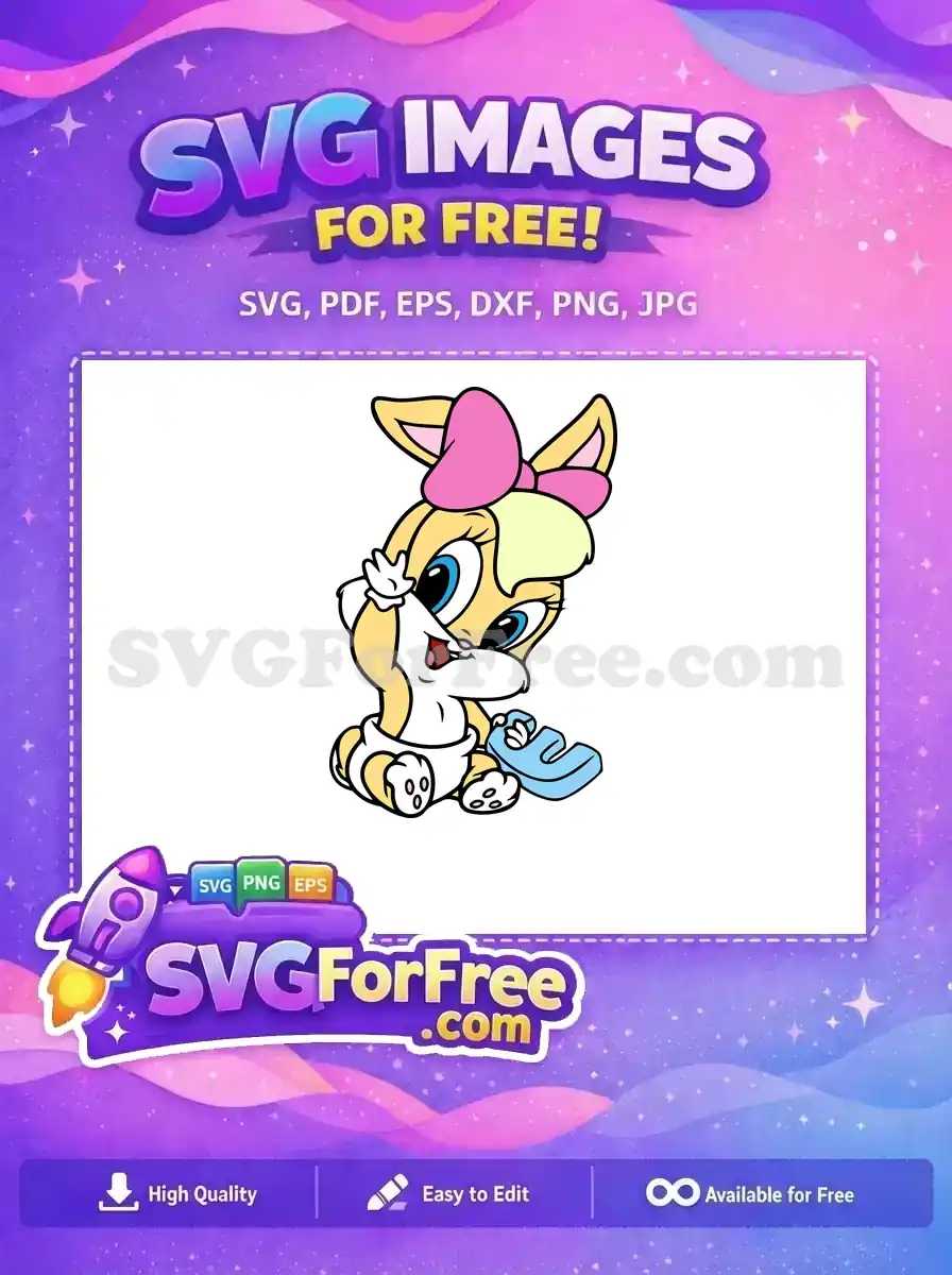 Adorable baby bunny free design, featuring big blue eyes, a pink bow, and a diaper. A charming free SVG for all your creative projects.