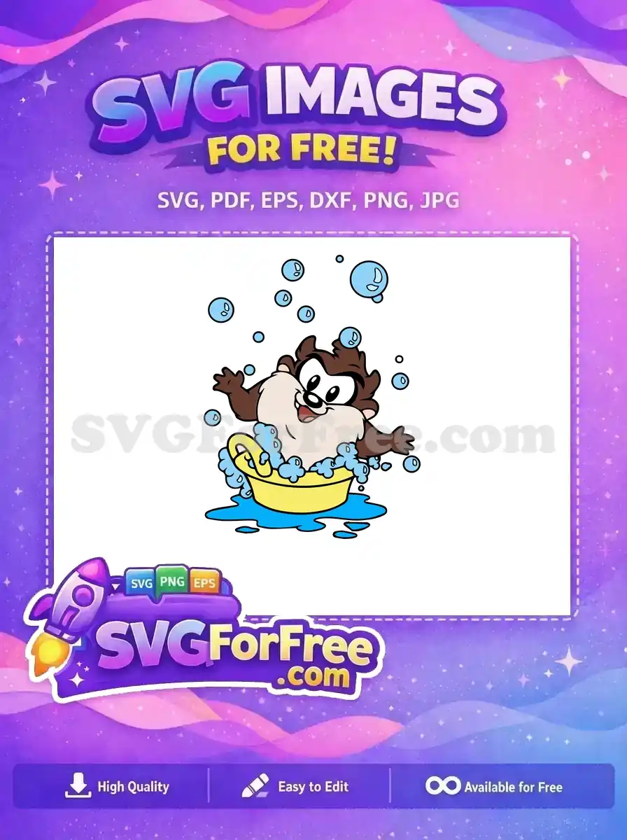 A joyful free Baby Taz cartoon character splashing in a yellow bathtub with blue bubbles and water, perfect for free creative projects. Download this free design now!