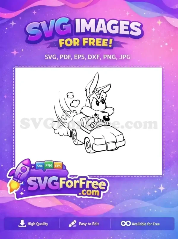 A dynamic free design depicting a cartoon coyote with an intense expression, speeding in a car with dust trails.
