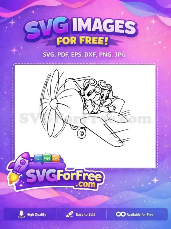 A charming free design of two cartoon chipmunks wearing pilot goggles, excitedly flying a propeller biplane. Ideal for crafts.