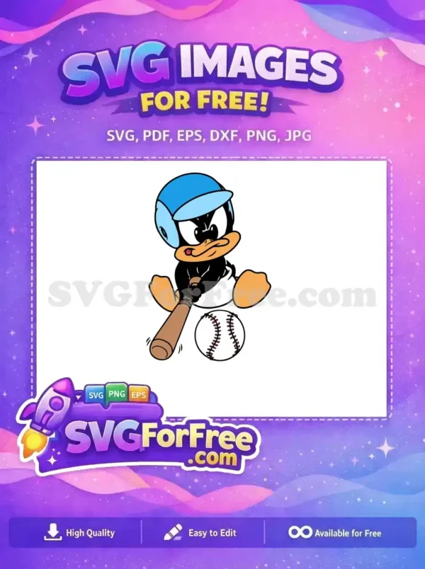 A free design featuring a cartoon duck in a blue cap, holding a baseball bat, ready to hit a free baseball.