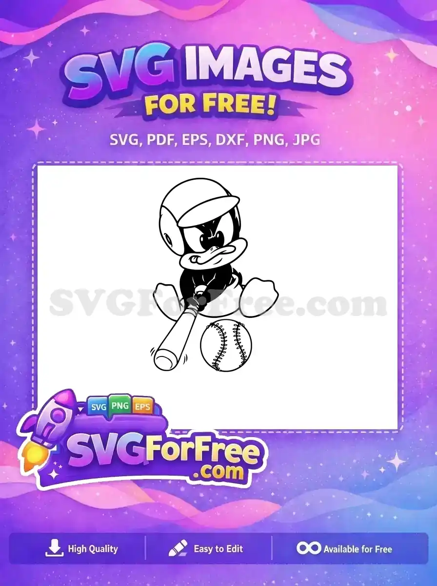 A charming free cartoon duck wearing a baseball cap, holding a bat, sitting next to a baseball. Ideal for sports-themed free crafts.