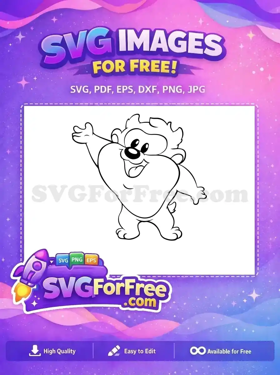 A joyful free outline of Baby Taz, the Tasmanian Devil, from Looney Tunes, waving happily. Ideal for free crafts.