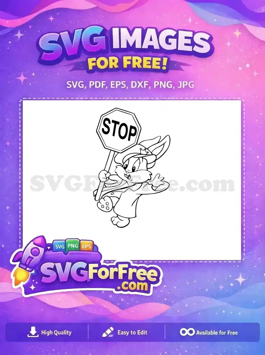 Free Buster Bunny outline SVG holding a stop sign. A fun, free design perfect for kids' crafts and creative projects.