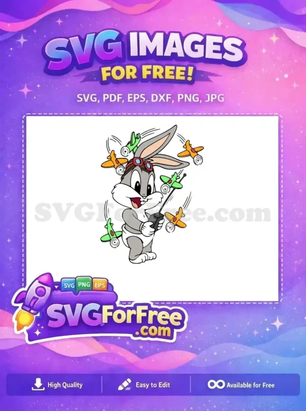 A free design of baby Bugs Bunny in pilot gear, happily controlling RC airplanes. Perfect free vector for kids' projects.