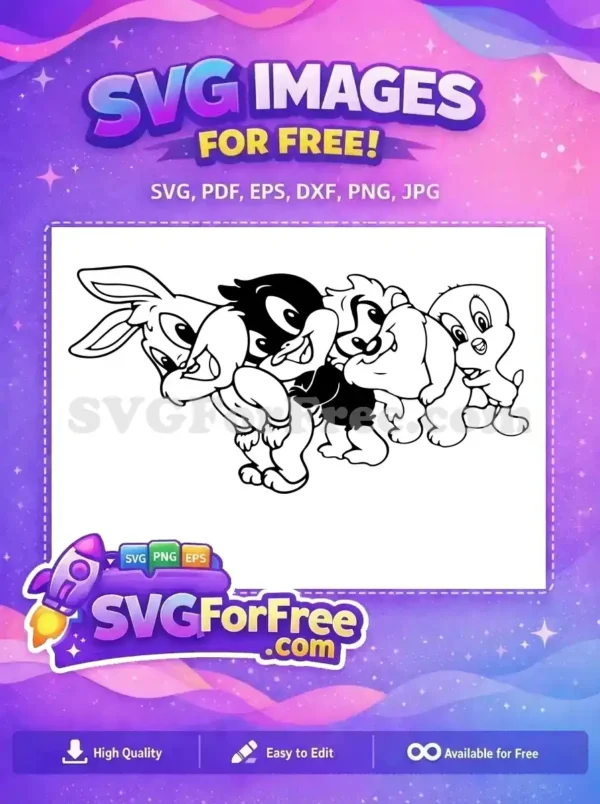 A free SVG of classic cartoon characters: a rabbit, duck, wild creature, and dog, perfect for free craft projects.