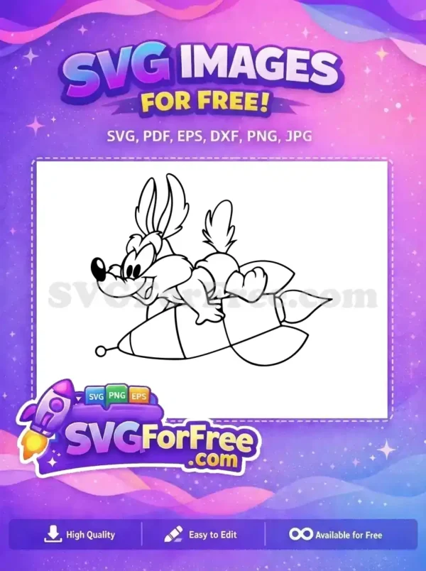 A free black and white cartoon character, resembling a coyote, joyfully riding a rocket. Ideal for free coloring and craft projects.