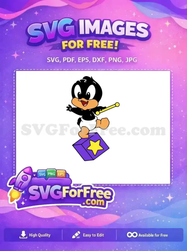 Free Baby Daffy Duck SVG, a cute cartoon duckling balancing on a purple block with a star, holding a rattle. A charming free design for fans!