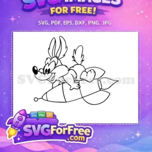 Free Cartoon Rocket Ride SVG – Wile E. Coyote Fun Design! A free line art SVG featuring a mischievous cartoon character, resembling Wile E. Coyote, riding atop a rocket with a grin.