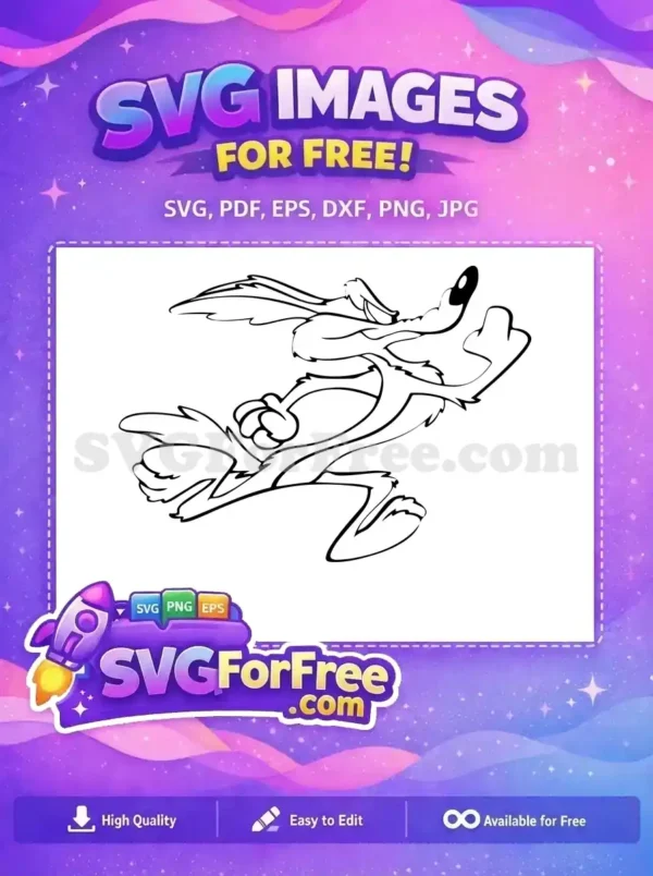 A free line art SVG of a classic cartoon coyote in a running pose, perfect for various free design projects and crafts.