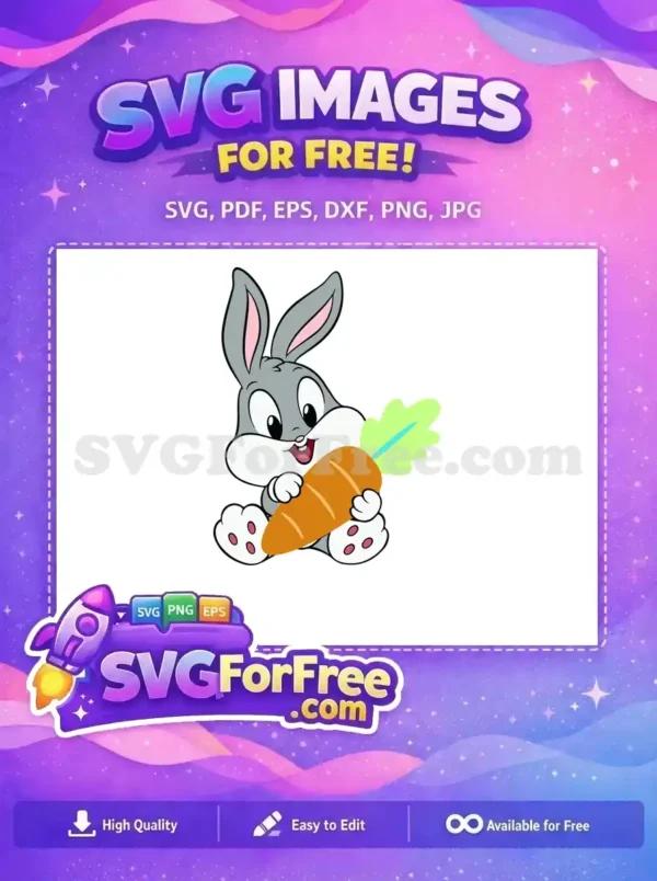 Free baby bunny SVG design holding a carrot, a cheerful and high-quality free vector for all your crafting projects. This adorable free cartoon rabbit is ready for download.