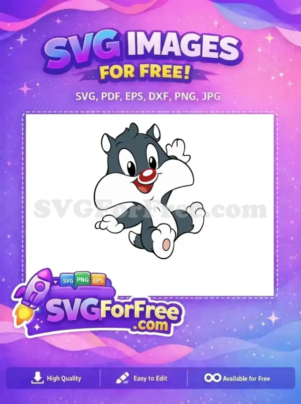 A cheerful, free cartoon baby skunk character, possibly Sylvester Jr., sitting and waving with a big smile, ideal for free designs.