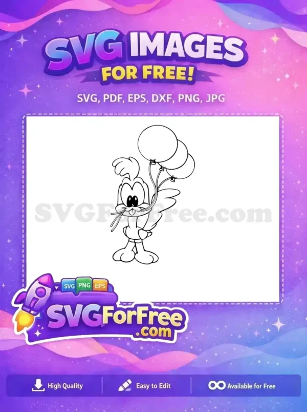 Free Bunny with Balloons SVG – A Fun, Free Cartoon Design! A cute, free cartoon bunny holding three balloons, ready for coloring or crafts. This free design is perfect for kids' activities.