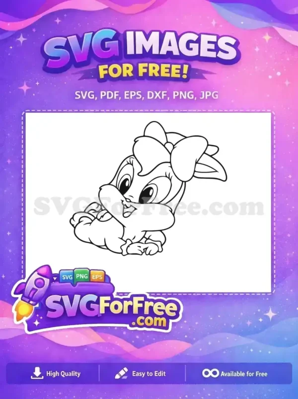 Cute free baby bunny character with a bow, in a playful pose. This free SVG is ideal for children's projects and crafts.