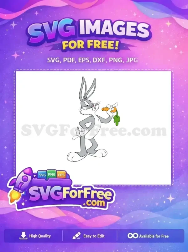 A free Bugs Bunny SVG, the famous gray rabbit confidently holding a carrot, ready for your creative projects. Download this free design now!