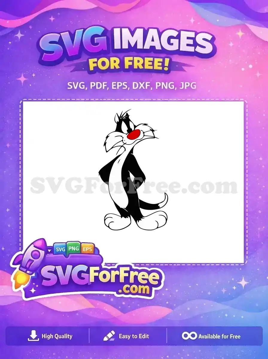 Download this free Sylvester the Cat SVG design, a classic cartoon character with black fur and a red nose, perfect for fun projects. Get your free vector now!