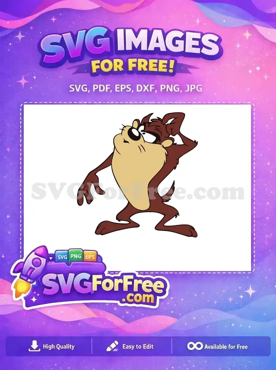 A free SVG of the iconic Tasmanian Devil, Taz, looking confused and scratching his head. Perfect for fun free projects!