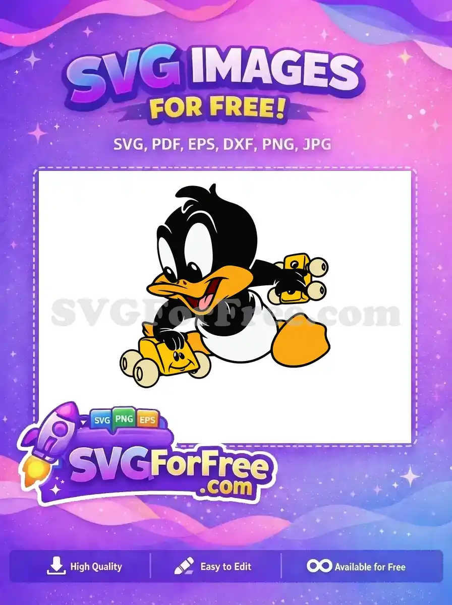 Free baby duck cartoon playing with toy cars, a delightful free SVG for kids' crafts and digital projects.