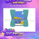 Free Blue Curtains Free Seaside View Window Free SVG - Instant Download