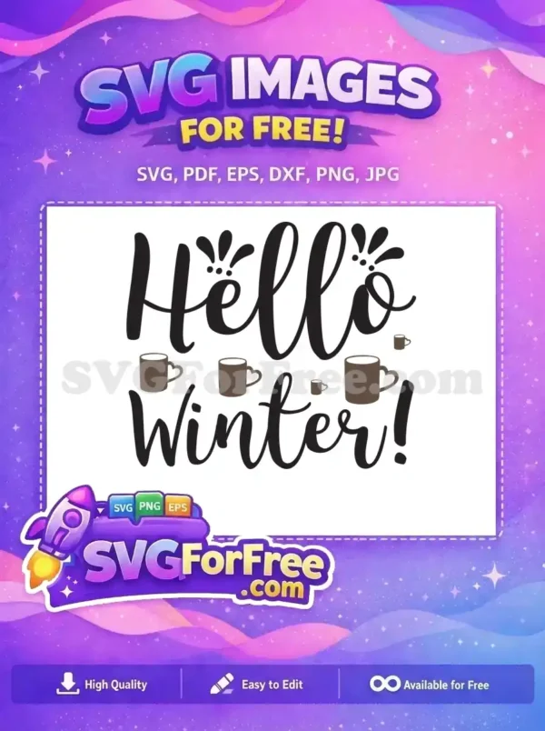 Free Hello Winter Text Free Brown Mugs Design Free SVG