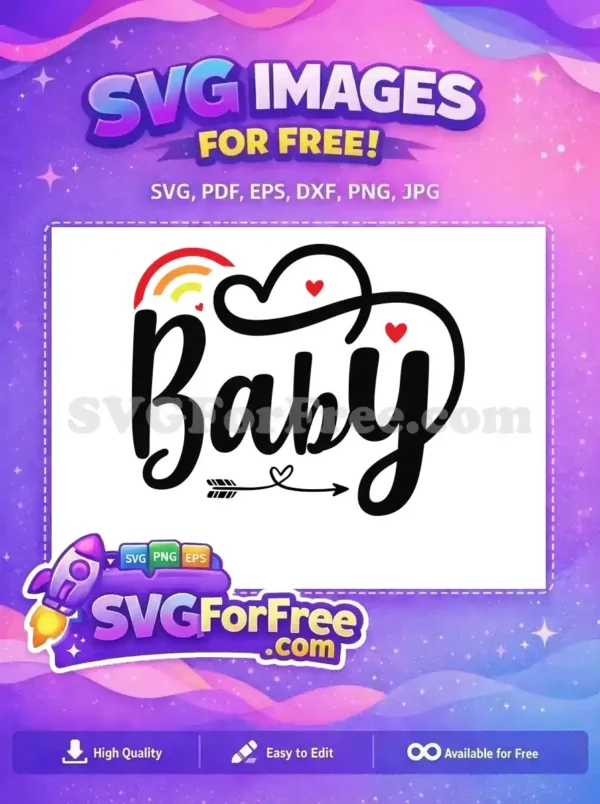 A heartwarming free design featuring the word 'Baby' in script, adorned with a rainbow, hearts, and a cupid arrow, perfect for baby projects.