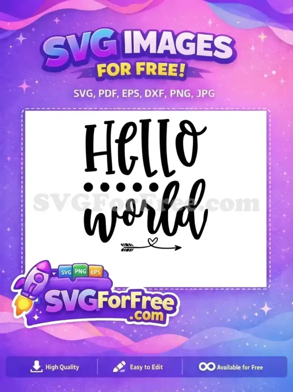 Free Hello World Script SVG Design with Heart Arrow Free 'Hello World' script font SVG, featuring decorative dots and an arrow with a heart, ideal for various crafts.