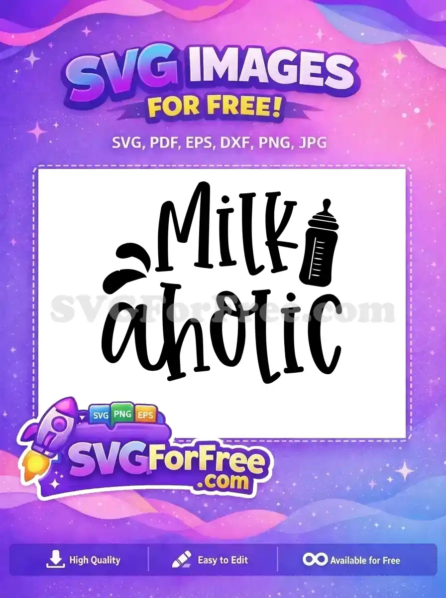 A free 'Milk-aholic' SVG design featuring stylized text and a baby bottle, ideal for adorable baby apparel and gifts.