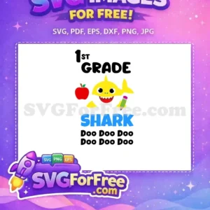 Free 1st Grade Shark Doo Doo Doo SVG Design for School A vibrant, free 1st Grade Shark Doo Doo Doo design, featuring a happy shark, apple, and pencil. Ideal free SVG for back-to-school.
