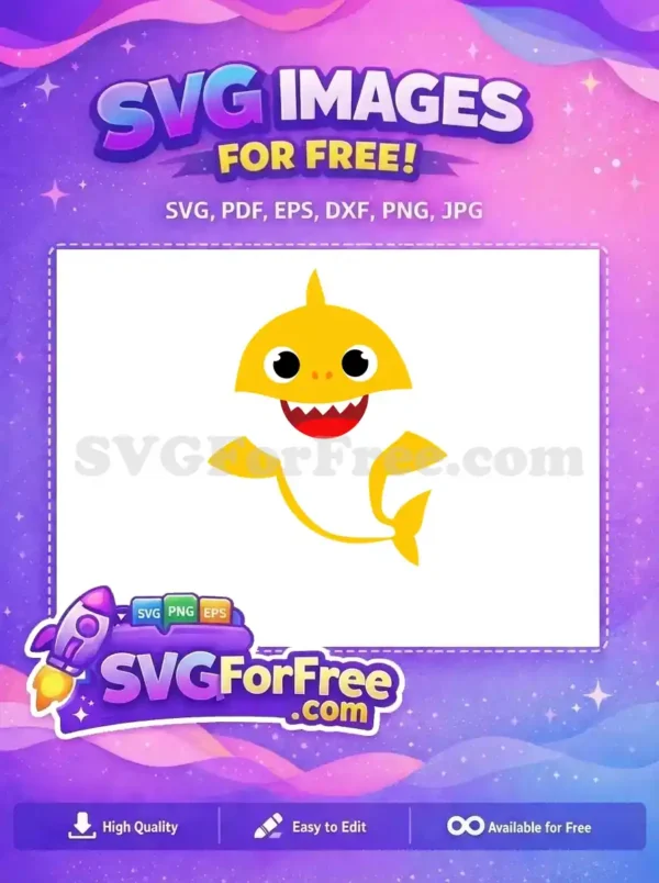Free Baby Shark SVG Design – Fun & Customizable! This free Baby Shark design, iconic and vibrant yellow, features a friendly smile and big eyes, ideal for children's projects.