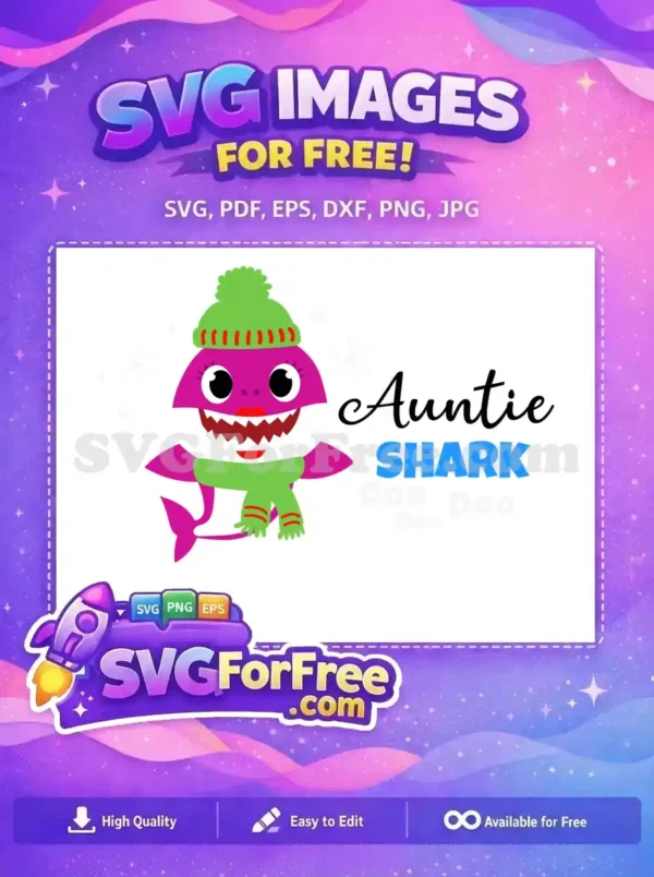 A vibrant free Auntie Shark character in a green winter hat and scarf, with snowflakes. A cute free design for fans!