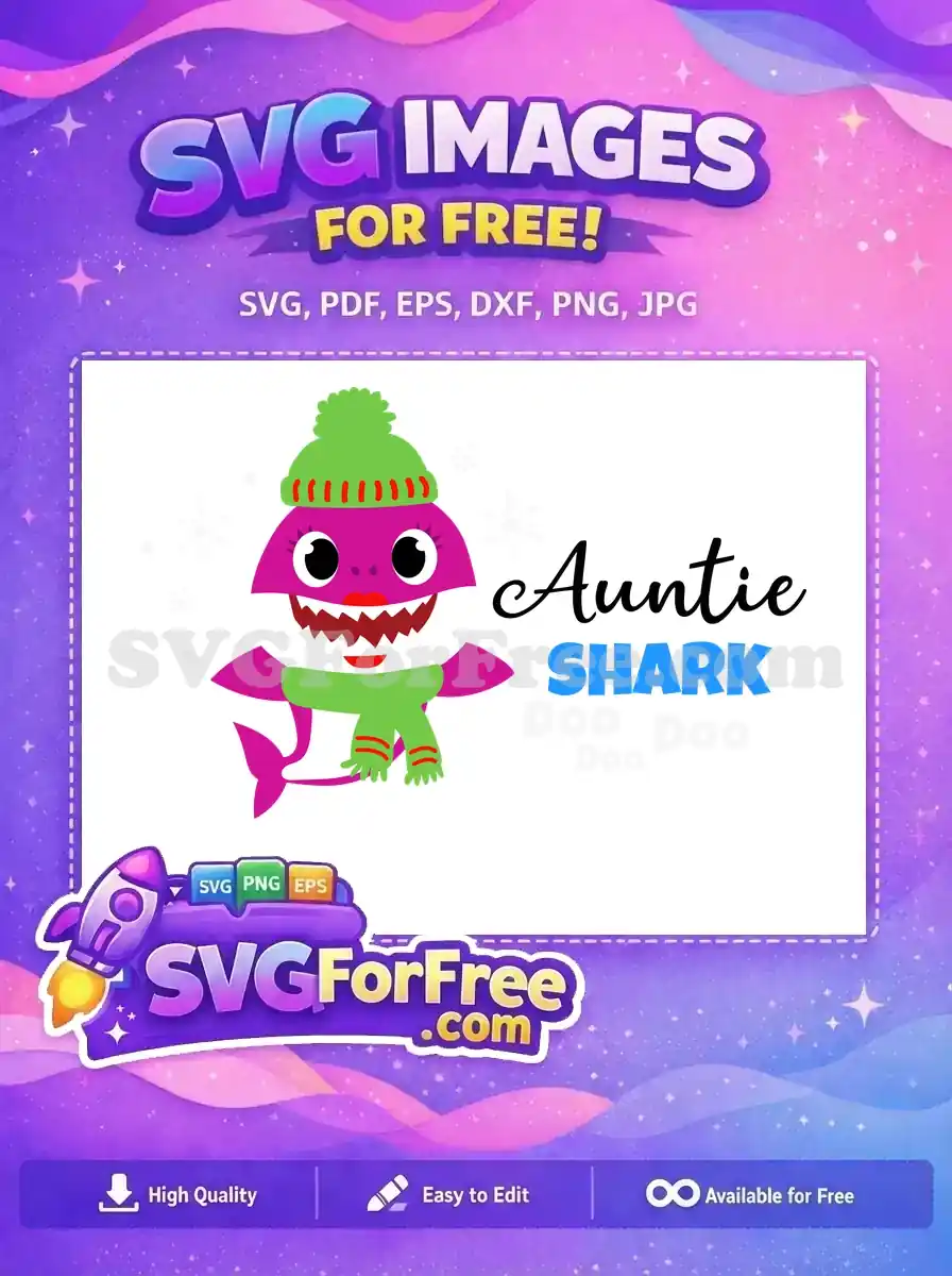 A vibrant free Auntie Shark character in a green winter hat and scarf, with snowflakes. A cute free design for fans!