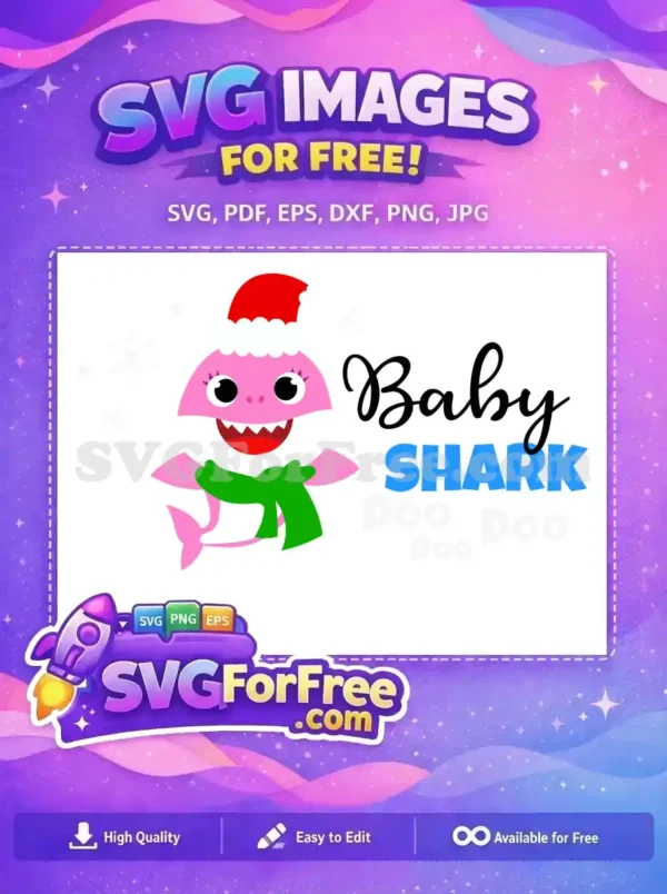 A delightful free Baby Shark Christmas SVG design featuring Baby Shark in a Santa hat and scarf, surrounded by snowflakes. This free design is perfect for holiday crafts and apparel.