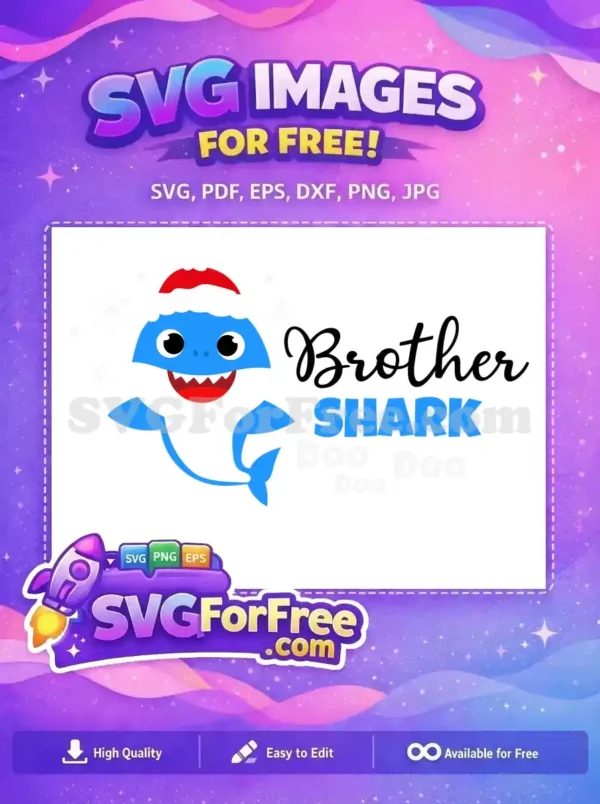 A charming free Brother Shark Christmas SVG design, featuring the popular character in a Santa hat amidst snowflakes.