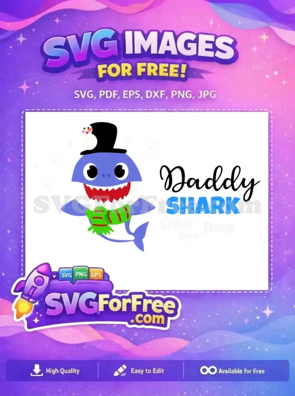 A delightful free design featuring a winter-themed Daddy Shark with a snowman hat and scarf, perfect for festive projects.