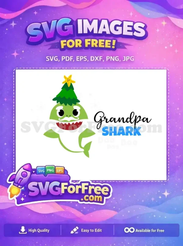 A delightful free design featuring a Christmas-themed Grandpa Shark, complete with a tree hat and snowflakes, perfect for festive projects.