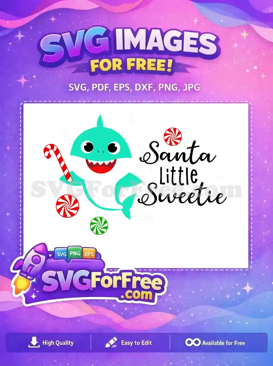A charming, free Christmas SVG design featuring a cute teal shark holding a candy cane with 'Santa Little Sweetie' text. This free graphic is perfect for festive projects.