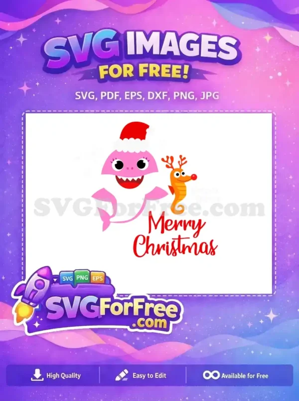 Free Merry Christmas Shark & Seahorse SVG Design A charming free SVG design of a pink shark wearing a Santa hat alongside a seahorse with reindeer antlers and a red nose, celebrating Christmas. Grab this free festive artwork now!
