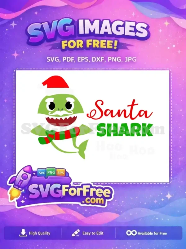 Free Santa Shark SVG Design for Festive Holiday Fun A charming free SVG design featuring Santa Shark wearing a festive hat and scarf, with 'Hoo Hoo Hoo' text. Perfect for DIY projects.