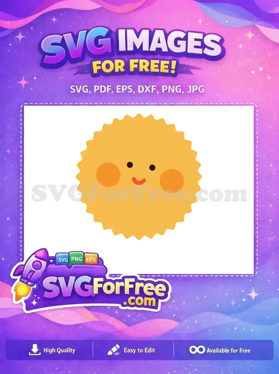 A free, adorable sun-like icon with a scalloped edge, featuring a happy face, rosy cheeks, and a warm yellow hue. This versatile free SVG adds joy to any creative project.