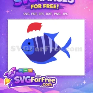 Free Festive Fish SVG: Smiling Santa Hat Design A charming free blue striped fish wearing a red Santa hat, smiling brightly. Ideal for festive holiday designs and crafts.