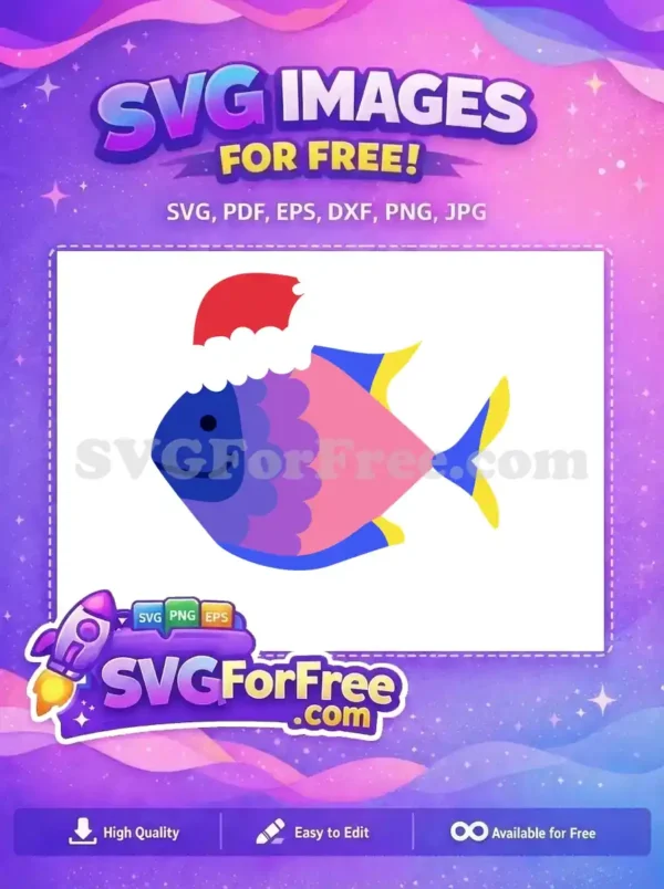 Free Festive Fish SVG – Whimsical Holiday Design A vibrant, free cartoon fish wearing a Santa hat, ideal for festive projects. This free design brings joyful holiday spirit.