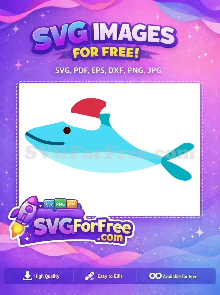 A free, cheerful cartoon blue whale wearing a festive red Santa hat, perfect for holiday-themed designs and crafts.
